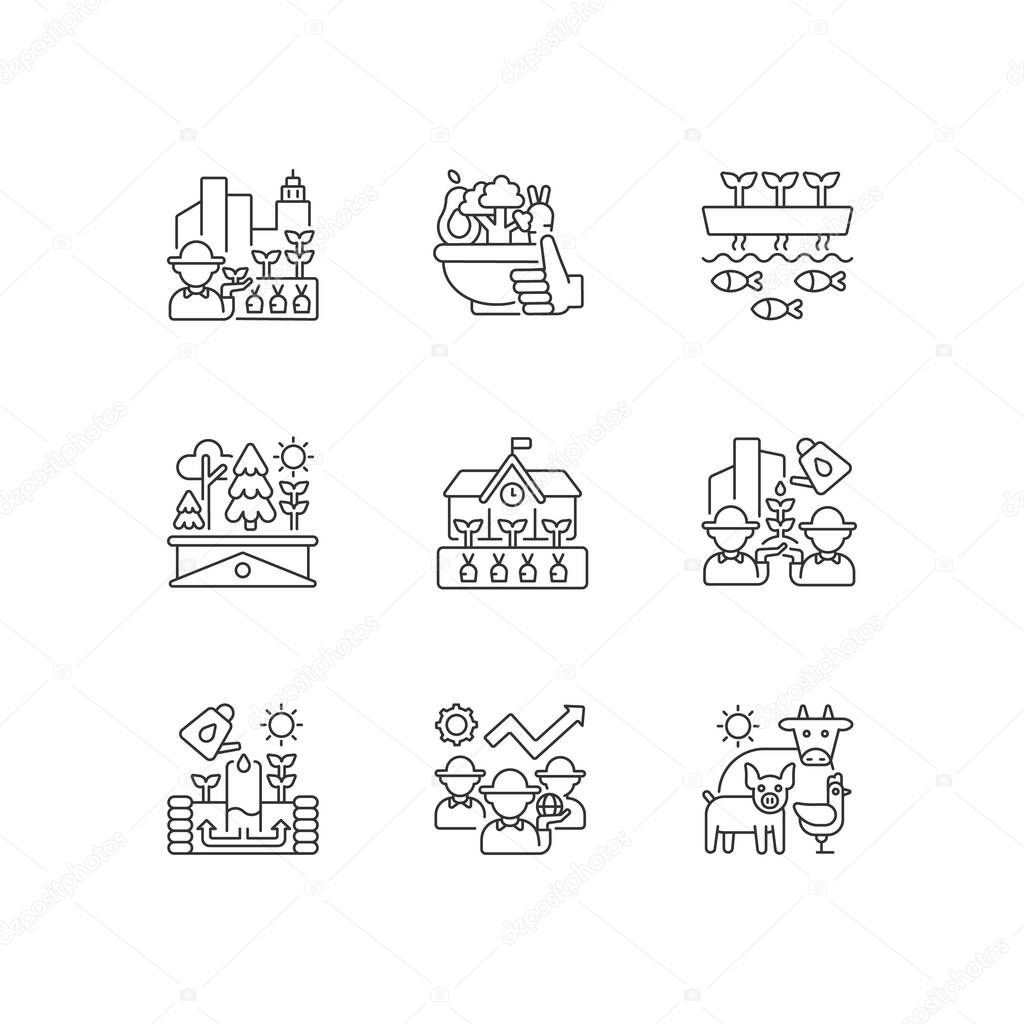 Agricultural business linear icons set. Urban farming. Healthy food. Vegetables from farmer. Customizable thin line contour symbols. Isolated vector outline illustrations. Editable stroke