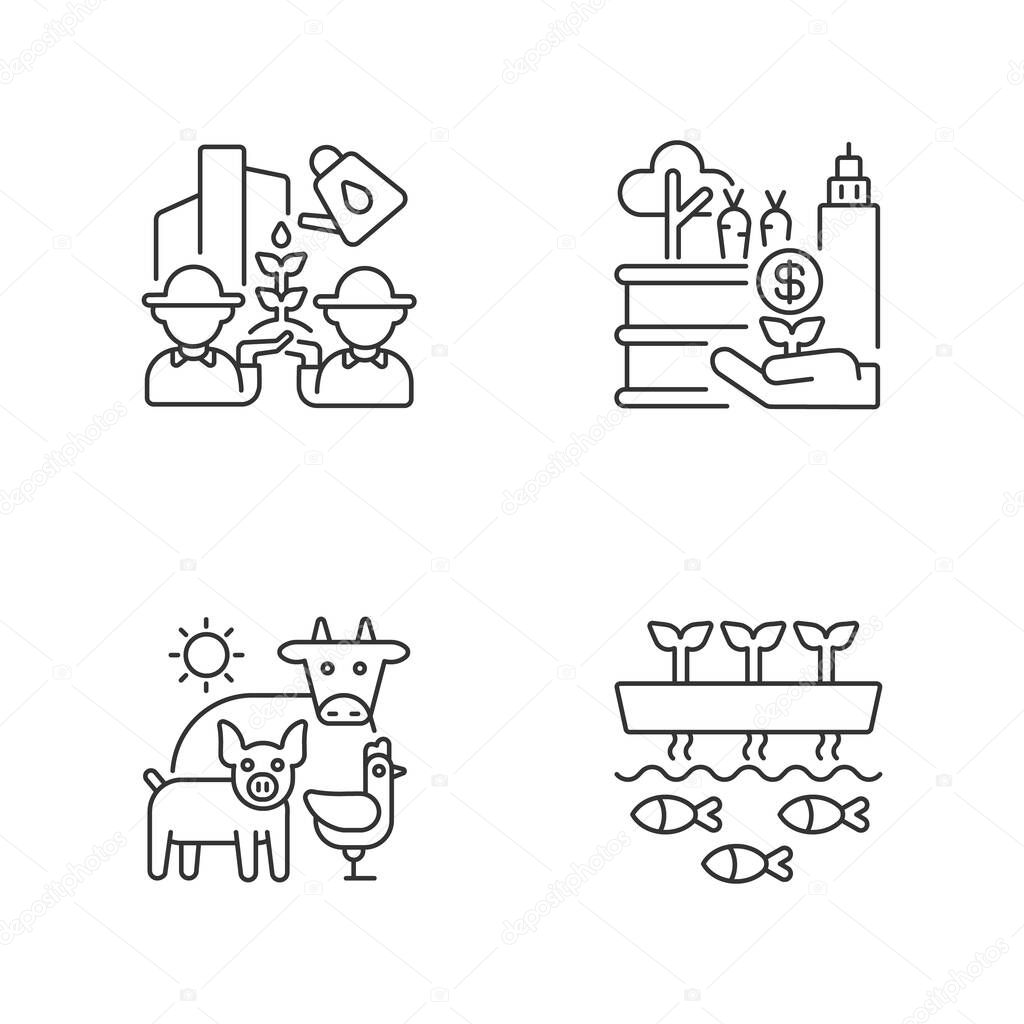 Agribusiness linear icons set. Community farming. Tactical garden. Animal husbandry. Aquaponic structure. Customizable thin line contour symbols. Isolated vector outline illustrations. Editable stroke