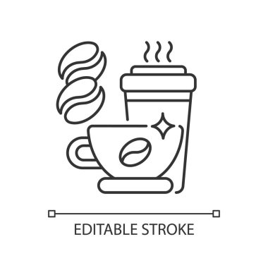 Kafein doğrusal simgesi. Tek kullanımlık bardakta kahve. Restoran menüsü. Kahvaltıda Latte. İnce çizgi özelleştirilebilir illüstrasyon. Contour sembolü. Vektör izole çizim. Düzenlenebilir vuruş