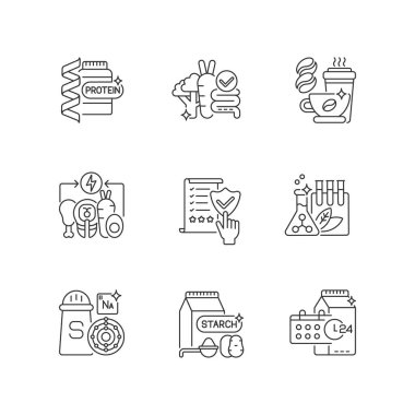 Besleyici gıda doğrusal simgeleri ayarlandı. Protein takviyesi. Sindirim için lif. Kimyasal koruyucu madde. Özelleştirilebilir ince çizgi şekilleri. İzole vektör çizimi çizimleri. Düzenlenebilir vuruş