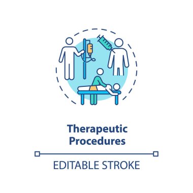 Terapi prosedürleri konsepti ikonu. Tıbbi hizmet, hastalıklar tedavi fikri ince çizgi çizimi. Tedavi enjeksiyonu ve fizyoterapi. Vektör izole edilmiş RGB renk çizimi. Düzenlenebilir vuruş