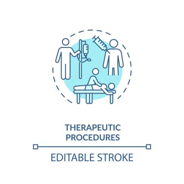Terapi prosedürleri konsepti ikonu. Tıbbi yardım, hastalıklar tedavi fikri, ince çizgiler. Tedavi enjeksiyonu ve fizyoterapi. Vektör izole edilmiş RGB renk çizimi. Düzenlenebilir vuruş