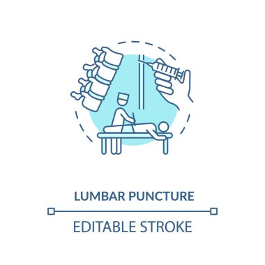 Lumbar ponksiyon konsepti simgesi. Merkezi sinir sistemi hastalıkları teşhis etme fikri ince çizgi çizimi. Klinik prosedür, omurilik sıvısı. Vektör izole edilmiş RGB renk çizimi. Düzenlenebilir vuruş