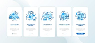 Pediatrik palyatif bakım konseptli mobil uygulama sayfası ekranında. Çocuklar için dostane muamele beş adımlık grafik talimatlar üzerinden geçiyor. RGB renk resimleriyle UI vektör şablonu