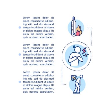Vaccination contraindications concept icon with text. PPT page vector template. Vaccine side effects, fever, cvd and fatigue. Brochure, magazine, booklet design element with linear illustrations clipart