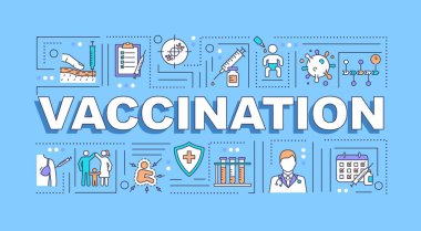 Aşılama kelimesi sancak kavramını içeriyor. Hastalıkların önlenmesi. Mavi arka planda doğrusal simgelerle bağışıklık kampanyası bilgileri. İzole tipografi. Vektör çizgisi RGB renk çizimi