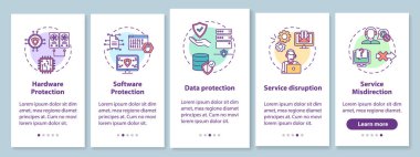 Siber güvenlik, mobil uygulama sayfa ekranında konseptlerle birlikte. Donanım, yazılım, veri koruma 5 aşamalı grafik talimatlar. RGB renk resimleriyle UI vektör şablonu