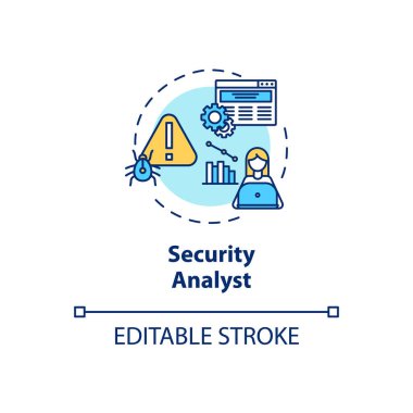 Güvenlik analisti konsepti ikonu. Siber güvenlik fikri ince çizgi çizimi. Güvenlik önlemleri. Bilgisayar ağı ve sistem koruması. Vektör izole edilmiş RGB renk çizimi. Düzenlenebilir vuruş