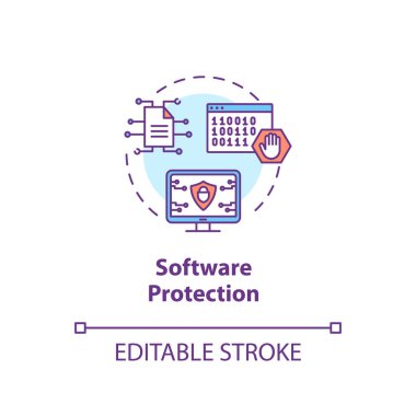 Yazılım koruma konsepti simgesi. İçerik, veri savunma aygıtı fikri ince çizgi çizimi. Antivirüs programı. Güvenli kodlama. Vektör izole edilmiş RGB renk çizimi. Düzenlenebilir vuruş