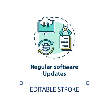 Düzenli yazılım güncelleme kavramı simgesi. Güvenlik delikleri ince çizgi çizimlerini onarıyor. Bilgisayar hataları düzeltiliyor. Kritik yamalar. Vektör izole edilmiş RGB renk çizimi. Düzenlenebilir vuruş