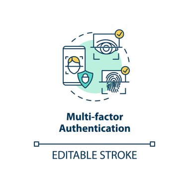 Çoklu-faktör kimlik doğrulama konsepti simgesi. Kimlik ve erişim yönetimi fikri ince çizgi çizimi. Parmak izleri. Yüz tanıma. Vektör izole edilmiş RGB renk çizimi. Düzenlenebilir vuruş