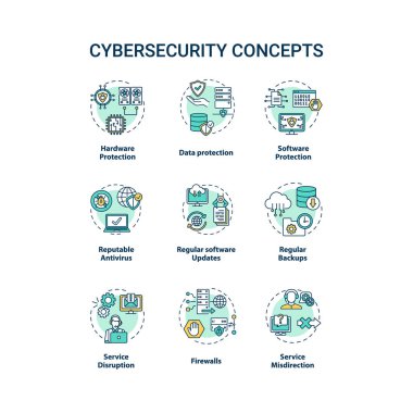 Siber güvenlik konsepti simgeleri ayarlandı. Veritabanı koruma fikri ince çizgi RGB renk çizimleri. Düzenli yedekler. Güvenlik duvarları. Servis kesintisi. Vektör izole çizimler. Düzenlenebilir vuruş