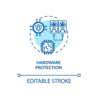 Donanım koruma konsepti simgesi. Hackleme önlemi. İşlemci, hafıza, girdi-çıktı savunma fikri ince çizgi çizimi. İşletim sistemi. Vektör izole edilmiş RGB renk çizimi. Düzenlenebilir vuruş