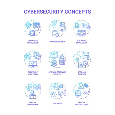Siber güvenlik konsepti simgeleri ayarlandı. Veritabanı koruma fikri ince çizgi RGB renk çizimleri. Saygın antivirüs. Düzenli yedekler. Güvenlik duvarları. Servis kesintisi. Vektör izole çizimleri