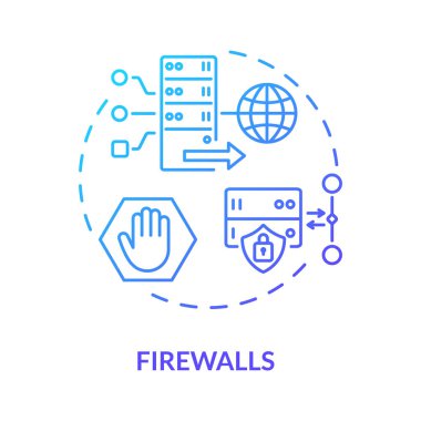Firewall konsept ikonu. Yetkisiz erişim önleme. İnce çizgi çizimi hesaplanıyor. Trafik akış kontrolü. Ağ güvenlik sistemi. Vektör izole edilmiş RGB renk çizimi