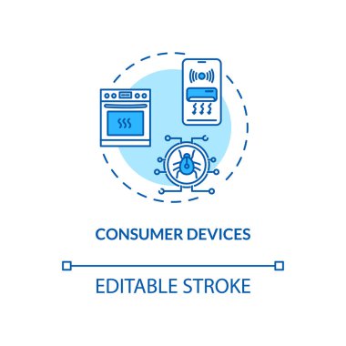 Tüketici aygıtları konsepti simgesi. Kablosuz ağ bağlantı fikri ince çizgi çizimi. Siber güvenlik zayıflıkları. Ev elektroniği. Vektör izole edilmiş RGB renk çizimi. Düzenlenebilir vuruş