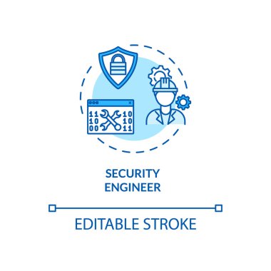 Güvenlik mühendisi konsepti ikonu. Siber güvenlik fikri ince çizgi çizimi. Hassas veri izleme. Siber suçları önleme. Vektör izole edilmiş RGB renk çizimi. Düzenlenebilir vuruş