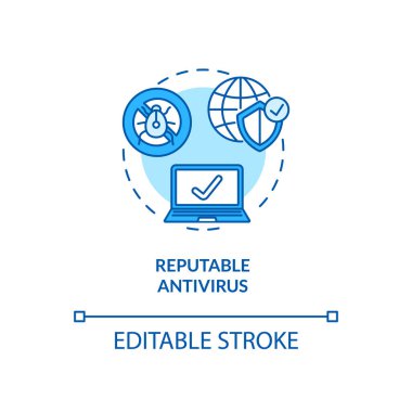 Saygın antivirüs konsepti ikonu. Virüs koruması. Kimlik koruması var. Güvenilir antivirüs yazılım fikri ince çizgi çizimi. Vektör izole edilmiş RGB renk çizimi. Düzenlenebilir vuruş