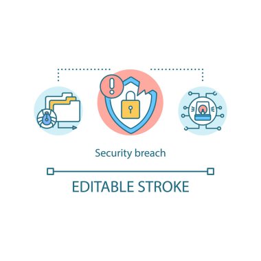 Veri siber güvenlik ihlal konsepti ikonu. Sistem hacklendi. Kötü amaçlı fidye virüsü. Siber saldırı bilgisayar fikri ince çizgi çizimi. Vektör izole edilmiş RGB renk çizimi. Düzenlenebilir vuruş