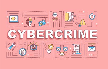Siber suç kelimesi sancak kavramını içeriyor. İnternet güvenliği. Pembe arka planda doğrusal simgeleri olan bilgi grafikleri. Bilgisayar güdümlü suç izole edilmiş tipografi. Vektör çizgisi RGB renk çizimi