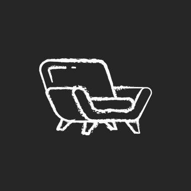 Siyah arka planda rahat koltuk tebeşiri beyaz simge. Yumuşak sandalyede dinleniyor. Çağdaş oturma odası mobilyası. Modern koltuklar. Huzur içinde yatsın. İzole edilmiş vektör karatahta çizimi