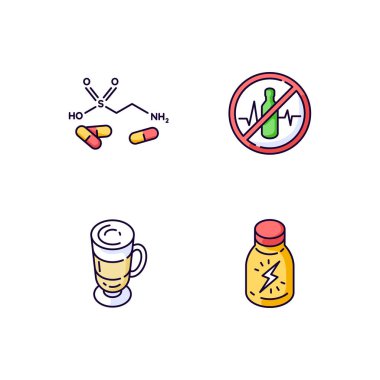 Enerji içecekleri RGB renk simgeleri ayarlandı. Taidine formülü. Sağlık uyarısı. Kahve fincanı. Dayanıklılık arttırıcı iğne. Cam bardakta frappe. Madde bağımlılığını durdurun. İzole vektör çizimleri