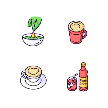 İçecek RGB renk simgeleri ayarlandı. Bitkisel özü. Kupada kapuçino. Buzlu köpüklü meşrubat. Cam bardakta Latte, köpüklü kalp. Parti için şişede karbonatlı içecek. İzole vektör çizimleri