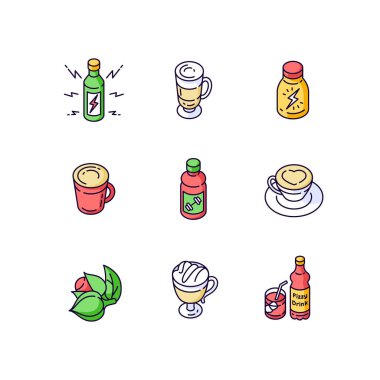 Enerji içecekleri RGB renk simgeleri ayarlandı. Kahve fincanda. Guarana malzemesi. Yumuşak, yumuşak bir içecek. Spor içeceği. Kupada kapuçino. Camda Latte. Organik uyarıcılar için Guarana. İzole vektör çizimleri