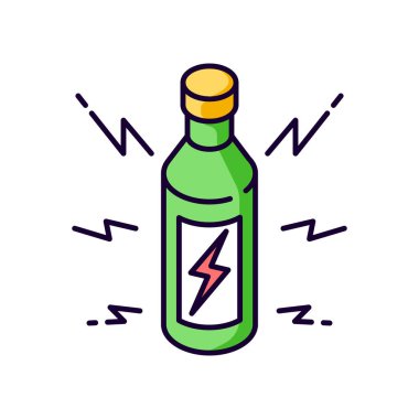 Enerji içeceği RGB renk simgesi. Enerji takviyesi için içecek. Cıvata işaretli şişe. Enerjik etki. Dayanıklılık için şişe sıvısı. Paket olarak bira. Dayanıklılığı arttır. sıralı vektör illüstrasyonu