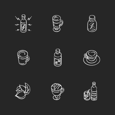 Enerji içecekleri siyah arkaplanda beyaz tebeşir simgeleri oluşturur. Kahve fincanda. Guarana malzemesi. Yumuşak, yumuşak bir içecek. Spor içeceği. Organik uyarıcılar için Guarana. İzole edilmiş vektör karatahta çizimleri