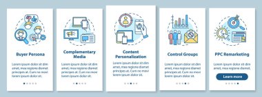 Sosyal medya pazarlaması mobil uygulama sayfasında kavramlarla birlikte. Alıcı kişiliği, tamamlayıcı medya 5 aşamalı grafik talimatlar. RGB renk resimleriyle UI vektör şablonu