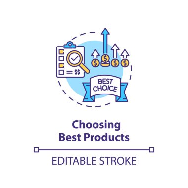 En iyi ürün konsept simgesi seçiliyor. Doğru performans pazarlama stratejisi fikri ince çizgi çizimi. Etkili pazarlama kanalları. Vektör izole edilmiş RGB renk çizimi. Düzenlenebilir vuruş