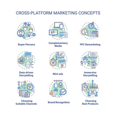 Platformlar arası pazarlama konsepti ayarlandı. Marka binası. Reklam fikri ince çizgi RGB renk çizimleri. Hikaye anlatma içeriği pazarlama. Vektör izole çizimler. Düzenlenebilir vuruş