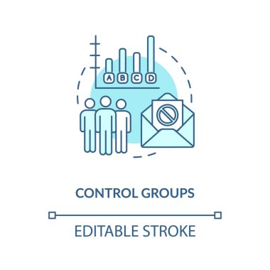 Kontrol grupları konsept simgesi. Ölçüm pazarlama kampanyası fikri ince çizgi çizimi. Grup piyasa araştırmasına odaklan. Vektör izole edilmiş RGB renk çizimi. Düzenlenebilir vuruş
