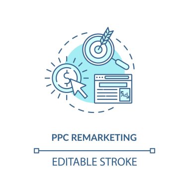PPC Olağanüstü konsept simgesi. Ağ afişleri. Arama reklamları kampanyası fikri ince çizgi çizimi. Vektör izole edilmiş RGB renk çizimi. Dijital pazarlama konuşma taktiği. Düzenlenebilir vuruş