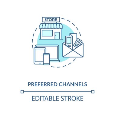 Tercih edilen kanallar konsept simgesi. Dijital pazarlama stratejisi fikri ince çizgi çizimi. Çevrimdışı alışveriş. Vektör izole edilmiş RGB renk çizimi. Online mağaza promosyonu. Düzenlenebilir vuruş