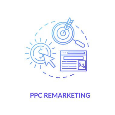 PPC Olağanüstü konsept simgesi. Reklamlar. Arama reklamları kampanyası fikri ince çizgi çizimi. Dinamik yeniden hedefleniyor. Dijital pazarlama konuşma taktiği. Vektör izole edilmiş RGB renk çizimi