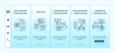 Dijital pazarlama kampanyasında hikaye anlatma vektör şablonu. Mini reklamlar, hayırsever hikaye anlatımları. Simgeli ilgili mobil web sitesi. Web sayfası basamak ekranları. RGB renk konsepti