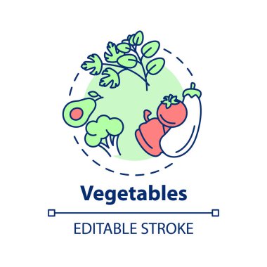 Sebze konsepti ikonu. Taze bakkaliye. Organik yiyecekler. Farklı türde sebzeler. Vejetaryen yemeği fikri ince çizgi çizimi. Vektör izole edilmiş RGB renk çizimi. Düzenlenebilir vuruş