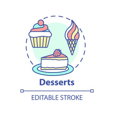 Tatlıların konsept simgesi. Güzel yemekler. Pastaneden lezzetli şekerli yiyecekler. Restoran tatlıları menü fikri ince çizgi çizimi. Vektör izole edilmiş RGB renk çizimi. Düzenlenebilir vuruş