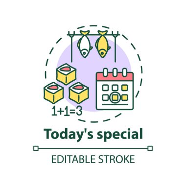 Bugünün özel konsept ikonu. Sınırlı restoran menüsü teklifleri. Harika yemek anlaşmaları. İndirimli yemek fikri ince çizgi çizimi. Vektör izole edilmiş RGB renk çizimi. Düzenlenebilir vuruş