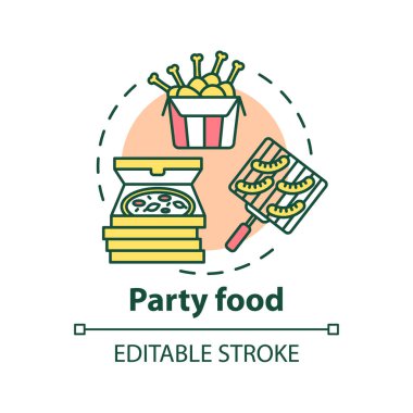 Parti menüsü konsepti ikonu. Büyük miktarda lezzetli yiyecekler. Büyük şirket yemeği teklifleri. Fast food menüsü fikri ince çizgi çizimi. Vektör izole edilmiş RGB renk çizimi. Düzenlenebilir vuruş