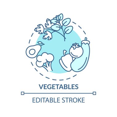 Sebze konsepti ikonu. Taze bakkaliye. Organik yiyecekler. Farklı türde sebzeler. Vejetaryen yemeği fikri ince çizgi çizimi. Vektör izole edilmiş RGB renk çizimi. Düzenlenebilir vuruş