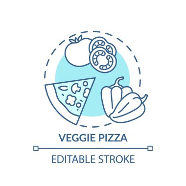 Sebzeli pizza konsepti ikonu. Taze organik pizza malzemeleri. Vejetaryen yemek tipleri. Sağlıklı yemek fikri ince çizgi çizimi. Vektör izole edilmiş RGB renk çizimi. Düzenlenebilir vuruş