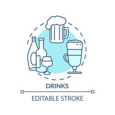 İçki konsepti ikonu. Lezzetli sıvılar. Geniş içki seçeneği. Restoran alkol çeşitliliği ince çizgi çizimi fikri. Vektör izole edilmiş RGB renk çizimi. Düzenlenebilir vuruş