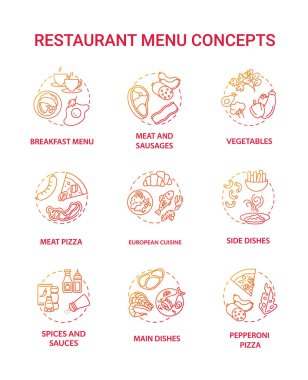 Restoran menüsü konsept simgeleri ayarlandı. Seçmek için çok çeşitli yiyecekler var. Tam kurs yemekleri. İçindekiler ince çizgi RGB renk çizimleri fikrine sahipler. Vektör izole çizimleri