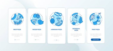 Pizza tipleri konseptli mobil uygulama sayfası ekranında. Seçmek için farklı malzemeler. Pizzacı menüsünde 5 adımlık grafik talimatlar var. RGB renk resimleriyle UI vektör şablonu