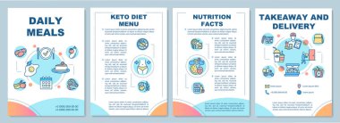 Beslenme bilgileri broşürleri. Keto diyet menüsü siparişi. Broşür, broşür, broşür baskısı, doğrusal simgelerle kaplama tasarımı. Dergiler için vektör planları, yıllık raporlar, reklam posterleri