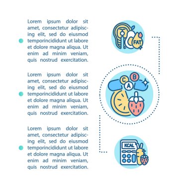 Metinli sağlıklı beslenme konsepti simgesi. Diyet, kalori saymak, vitaminler. PPT sayfa vektör şablonu. PPT sayfa vektör şablonu. Broşür, dergi, kitapçık tasarım ögesi doğrusal çizimler