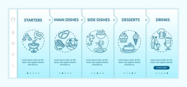 Restoran menüsü vektör şablonunda. Servis edilen bulaşıklar. Çok çeşitli yemekler. Simgeli ilgili mobil web sitesi. Web sayfası basamak ekranları. RGB renk kavramı